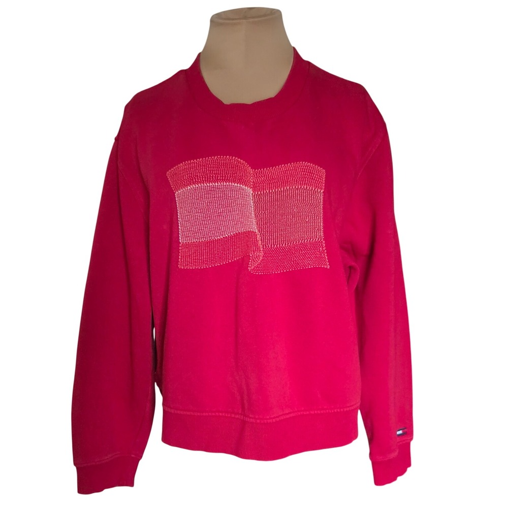 Tommy Hilfiger Womens Red Embroidered Flag Fleece Crewneck Sweatshirt 76J2654 L